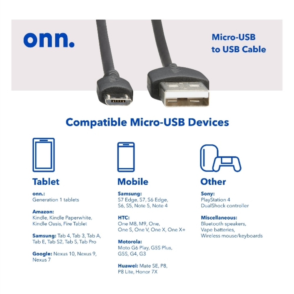 Connect onn- Micro-USB To USB Cable 3FT (White)